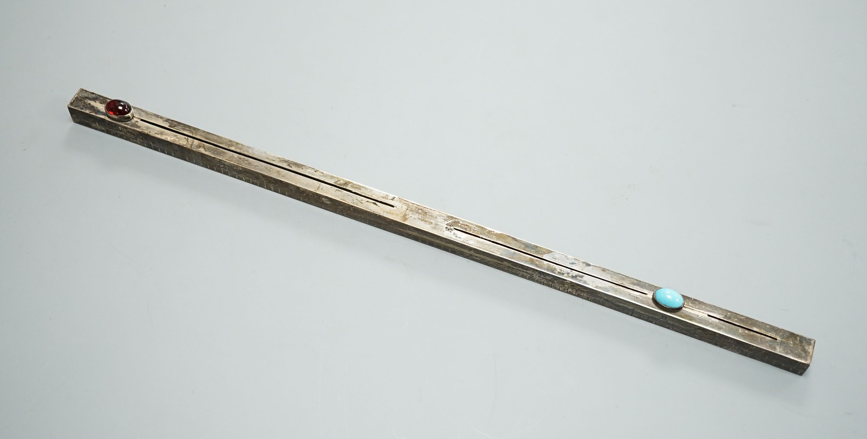 An Edwardian silver combination ruler and double ended propelling pencil, J.C Vickery, London, 1905, 30.5cm.